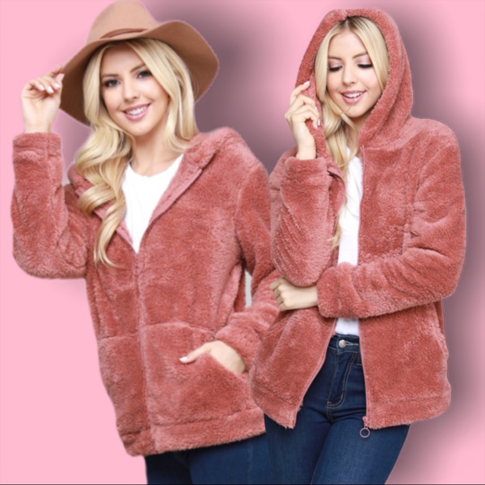 Plush Faux Fur Soft Blush Teddy Bear Zipper Jacket - Picture 3 of 9